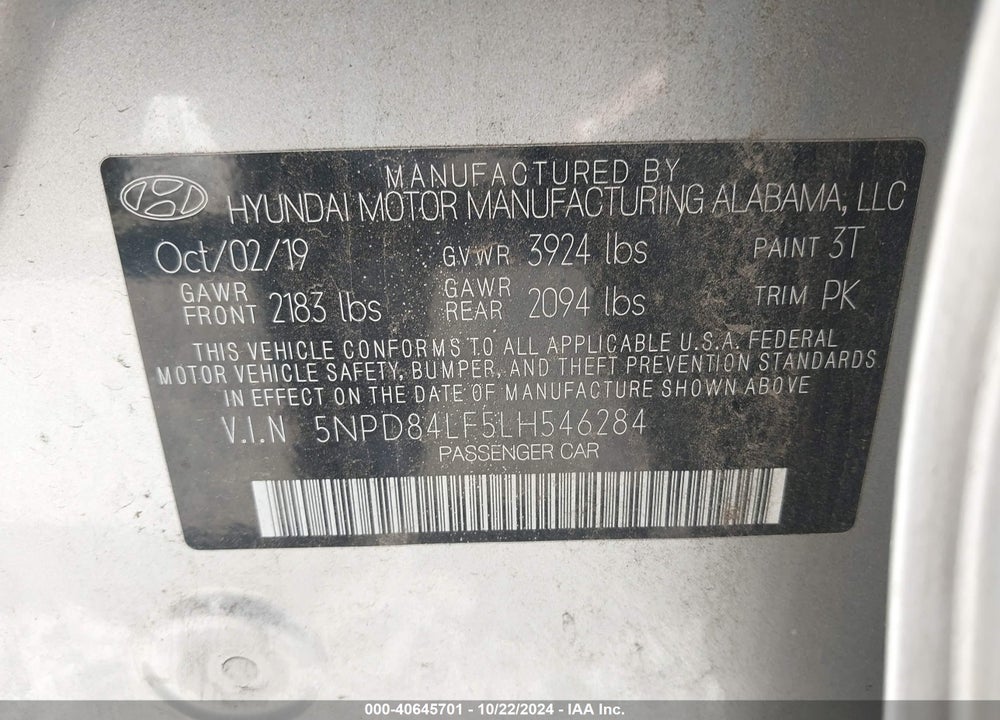 2020 HYUNDAI ELANTRA SEL VIN: 5NPD84LF5LH546284