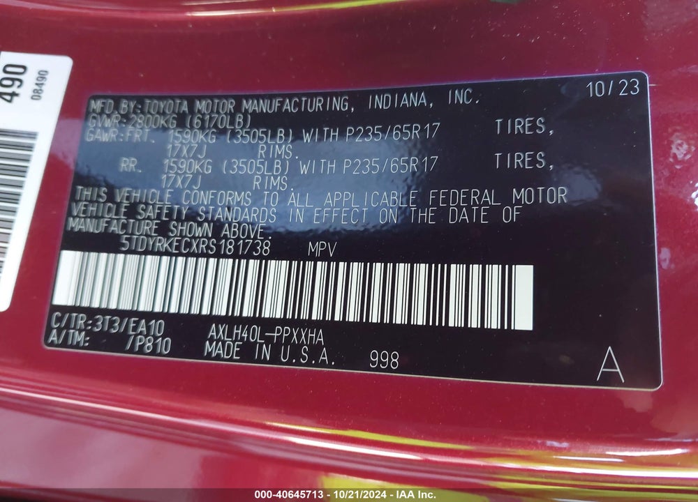 2024 TOYOTA SIENNA XLE VIN: 5TDYRKECXRS181738