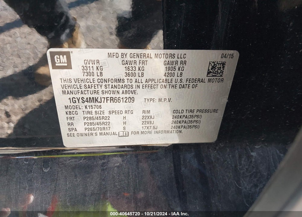 2015 CADILLAC ESCALADE LUXURY VIN: 1GYS4MKJ7FR661209