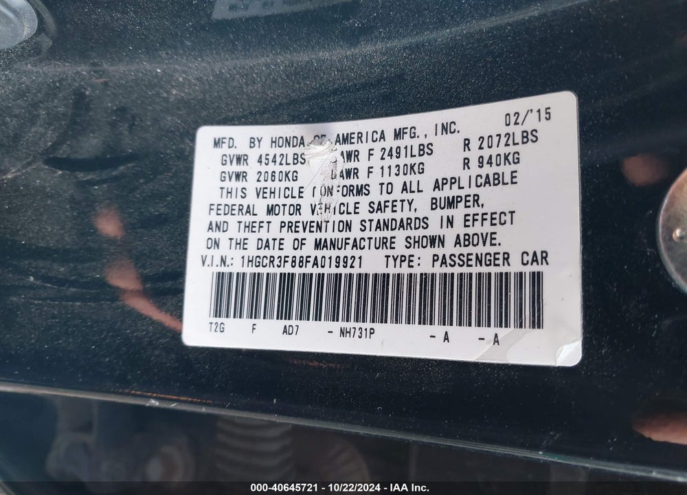 2015 HONDA ACCORD EX-L V-6 VIN: 1HGCR3F88FA019921