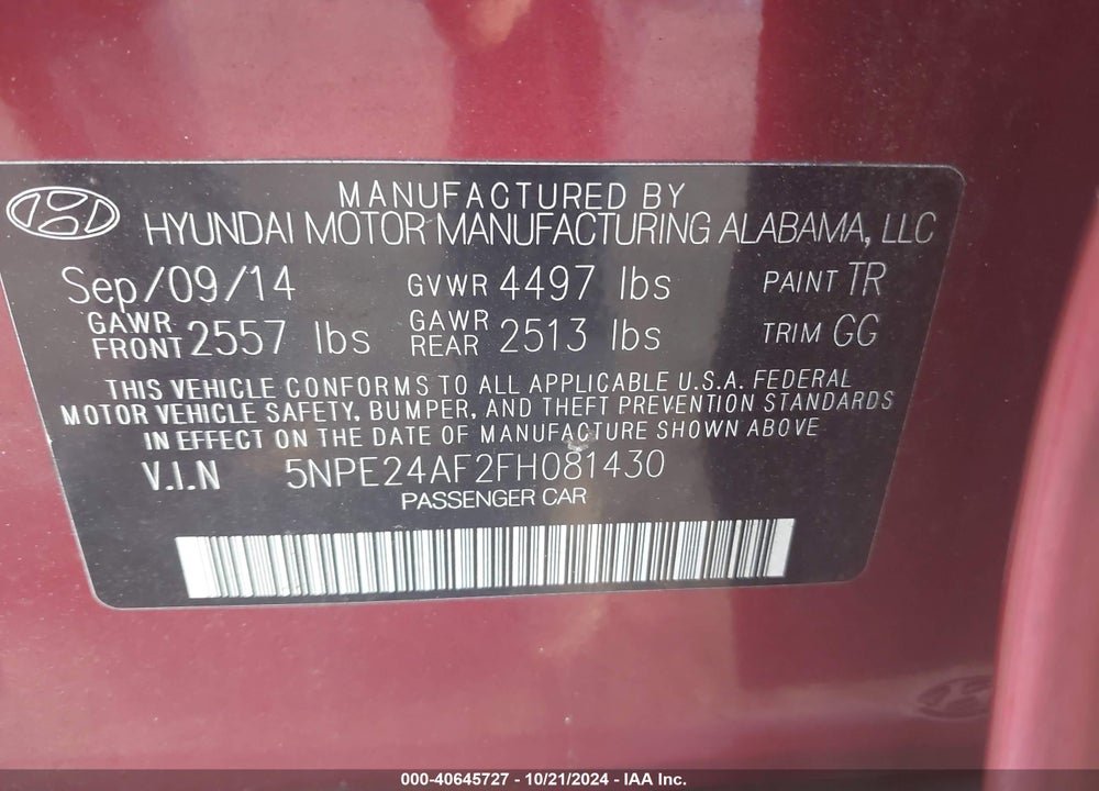 2015 HYUNDAI SONATA SE VIN: 5NPE24AF2FH081430