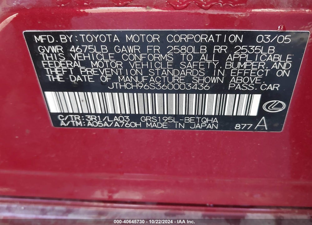 2006 LEXUS GS 300 VIN: JTHCH96S360003436