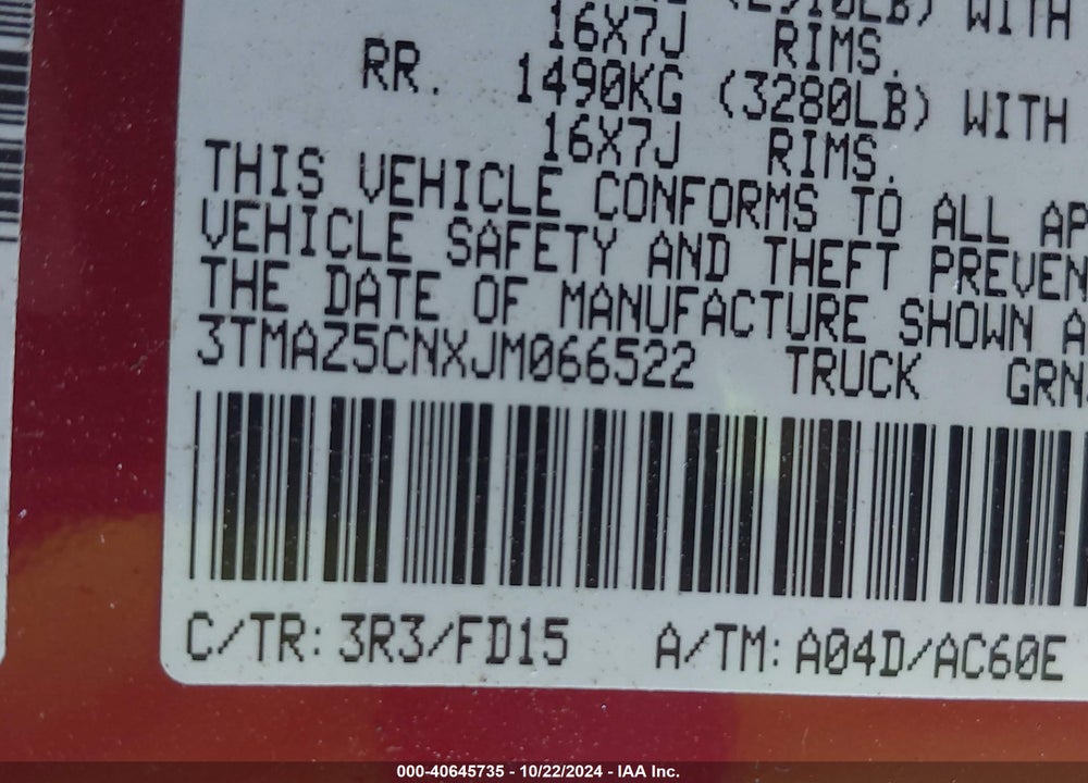 2018 TOYOTA TACOMA TRD OFF ROAD VIN: 3TMAZ5CNXJM066522