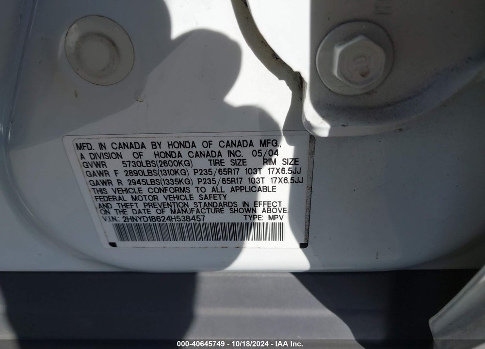 2004 ACURA MDX VIN: 2HNYD18624H538457