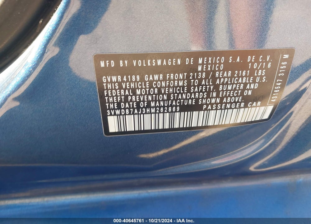 2017 VOLKSWAGEN JETTA 1.4T SE VIN: 3VWDB7AJ3HM262869