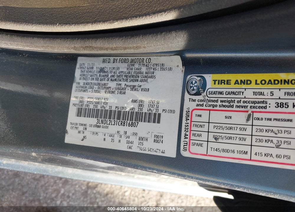 2012 LINCOLN MKZ HYBRID VIN: 3LNDL2L31CR816807