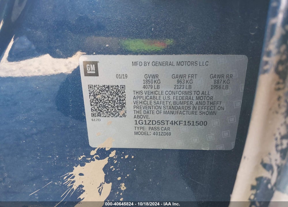 2019 CHEVROLET MALIBU LT VIN: 1G1ZD5ST4KF151500