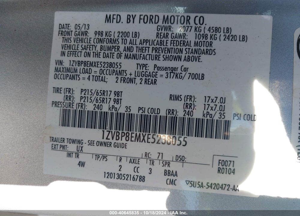 2014 FORD MUSTANG V6 PREMIUM VIN: 1ZVBP8EMXE5238055