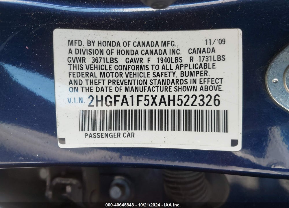 2010 HONDA CIVIC LX VIN: 2HGFA1F5XAH522326