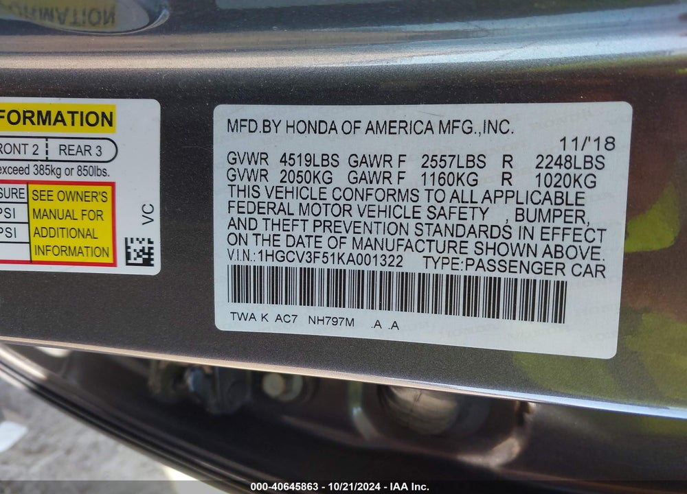 2019 HONDA ACCORD HYBRID EX-L VIN: 1HGCV3F51KA001322