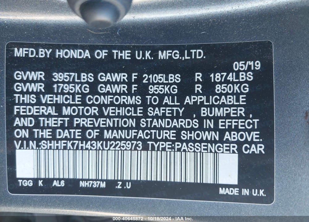 2019 HONDA CIVIC SPORT VIN: SHHFK7H43KU225973