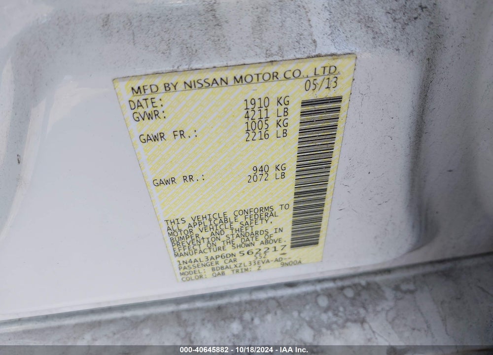 2013 NISSAN ALTIMA 2.5 SL VIN: 1N4AL3AP6DN562217