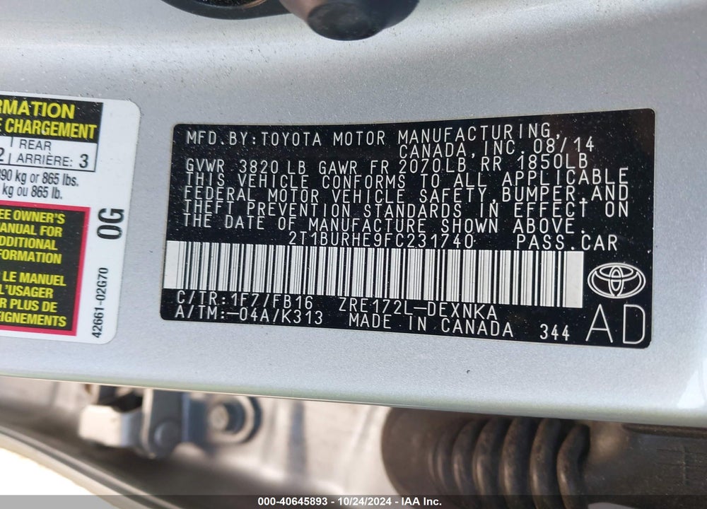 2015 TOYOTA COROLLA LE VIN: 2T1BURHE9FC231740