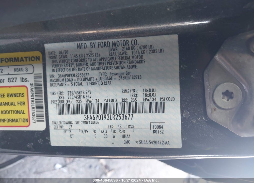 2020 FORD FUSION SE VIN: 3FA6P0T93LR253677