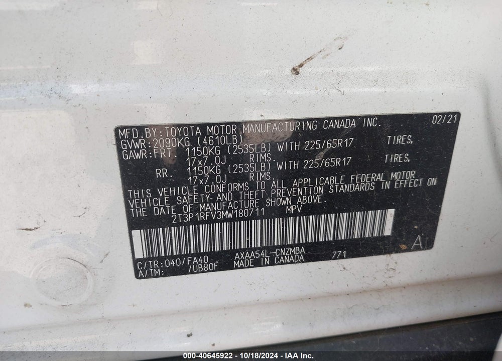 2021 TOYOTA RAV4 XLE VIN: 2T3P1RFV3MW180711