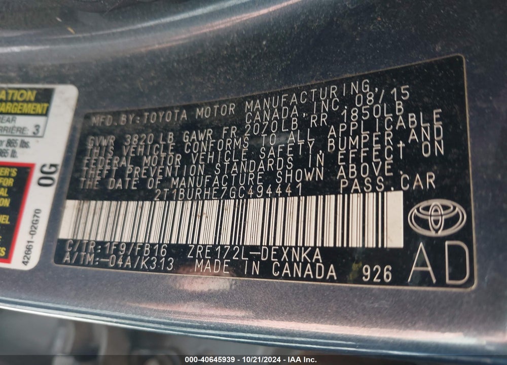 2016 TOYOTA COROLLA L/LE/LE PLS/PRM/S/S PLS VIN: 2T1BURHE7GC494441