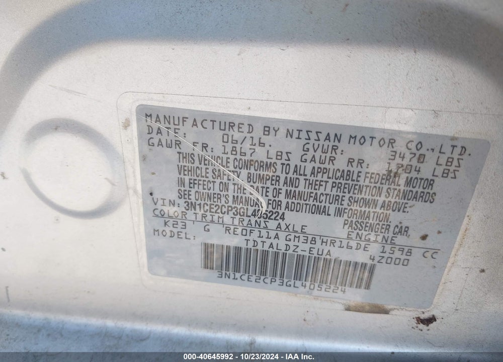 2016 NISSAN VERSA NOTE S (SR)/S PLUS/SL/SR/SV VIN: 3N1CE2CP3GL405224