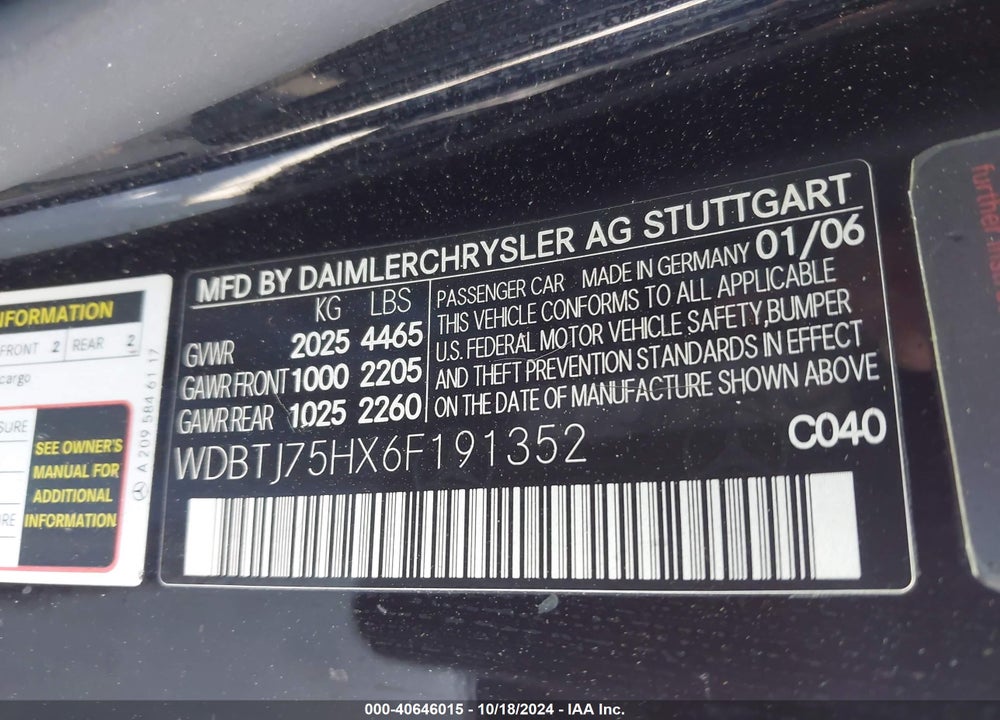 2006 MERCEDES-BENZ CLK 500 VIN: WDBTJ75HX6F191352