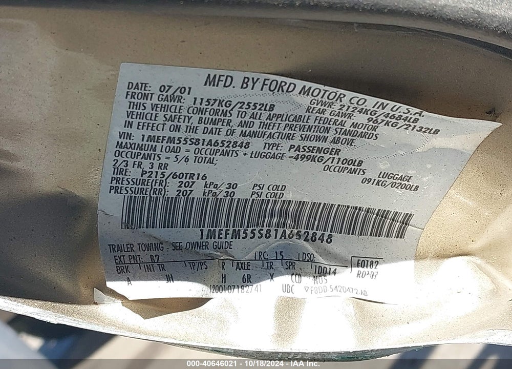2001 MERCURY SABLE LS PREMIUM VIN: 1MEFM55S81A652848