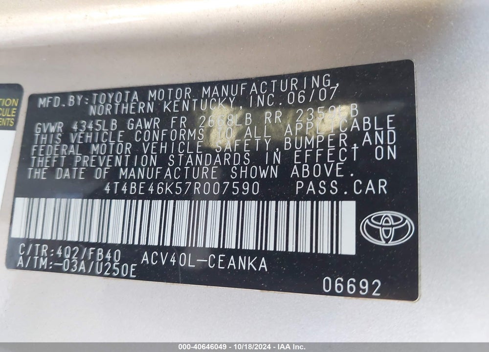 2007 TOYOTA CAMRY LE VIN: 4T4BE46K57R007590