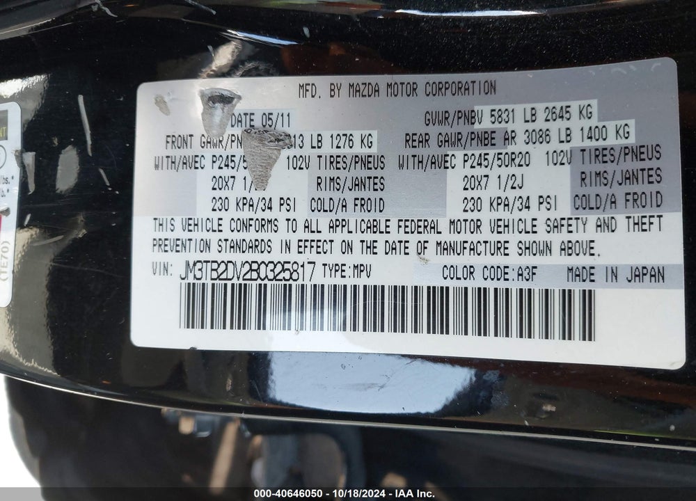 2011 MAZDA CX-9 GRAND TOURING VIN: JM3TB2DV2B0325817
