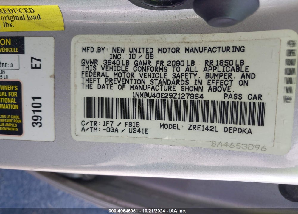 2009 TOYOTA COROLLA VIN: 1NXBU40E29Z127964