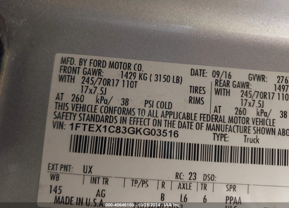2016 FORD F-150 XL VIN: 1FTEX1C83GKG03516