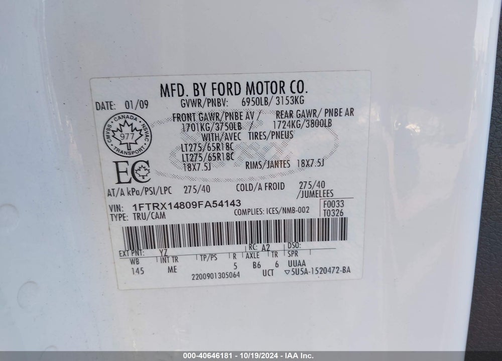 2009 FORD F-150 STX/XL/XLT VIN: 1FTRX14809FA54143