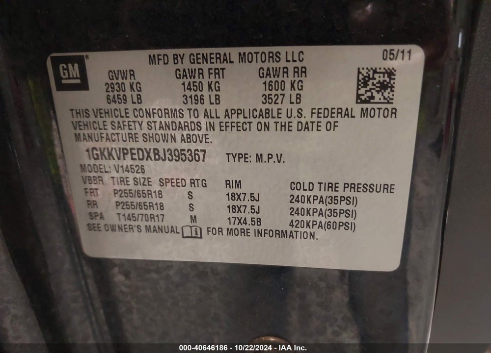 2011 GMC ACADIA SLE VIN: 1GKKVPEDXBJ395367