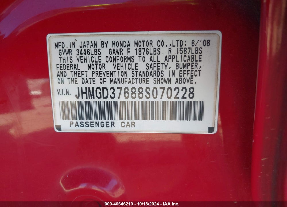 2008 HONDA FIT SPORT VIN: JHMGD37688S070228