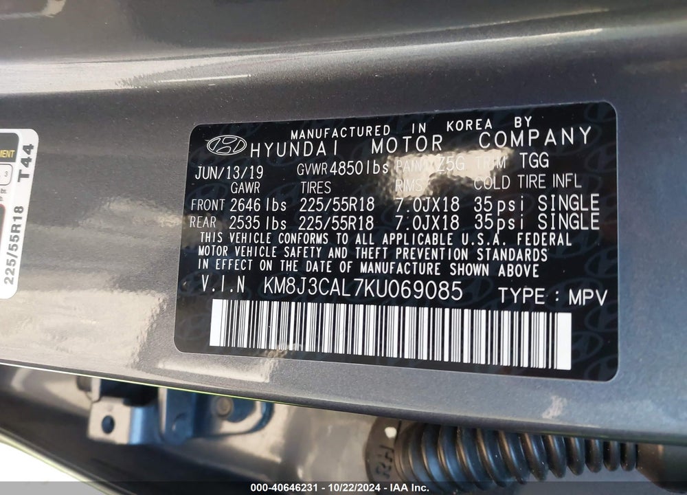 2019 HYUNDAI TUCSON SEL VIN: KM8J3CAL7KU069085
