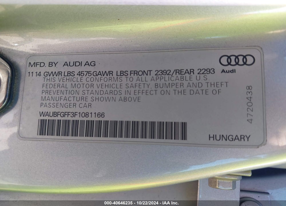 2015 AUDI A3 2.0T PREMIUM VIN: WAUBFGFF3F1081166