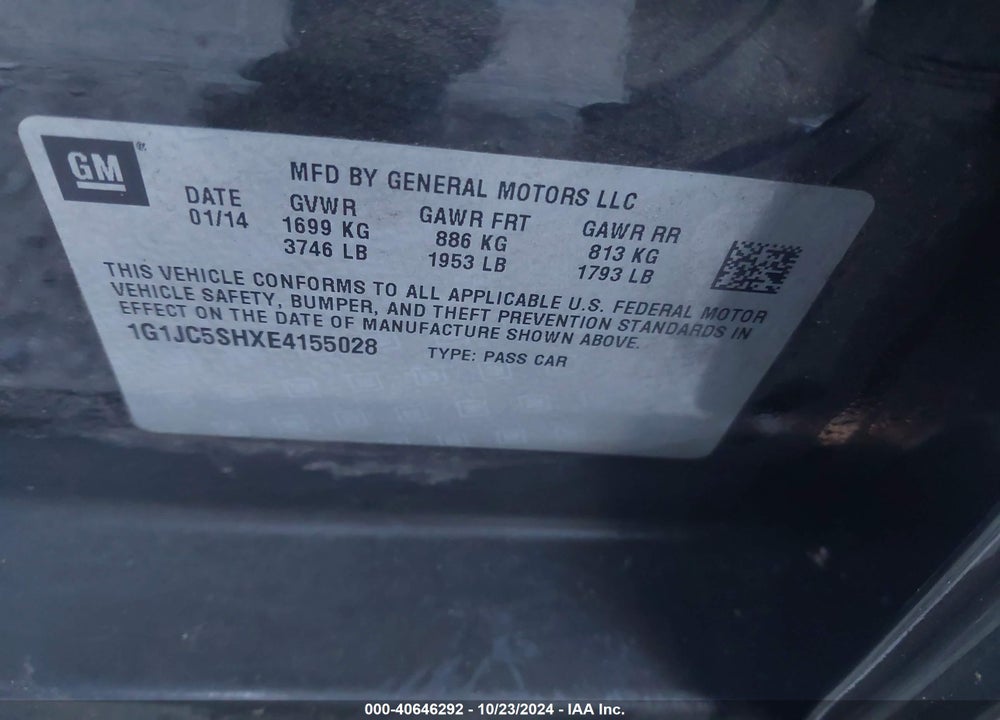 2014 CHEVROLET SONIC LT AUTO VIN: 1G1JC5SHXE4155028