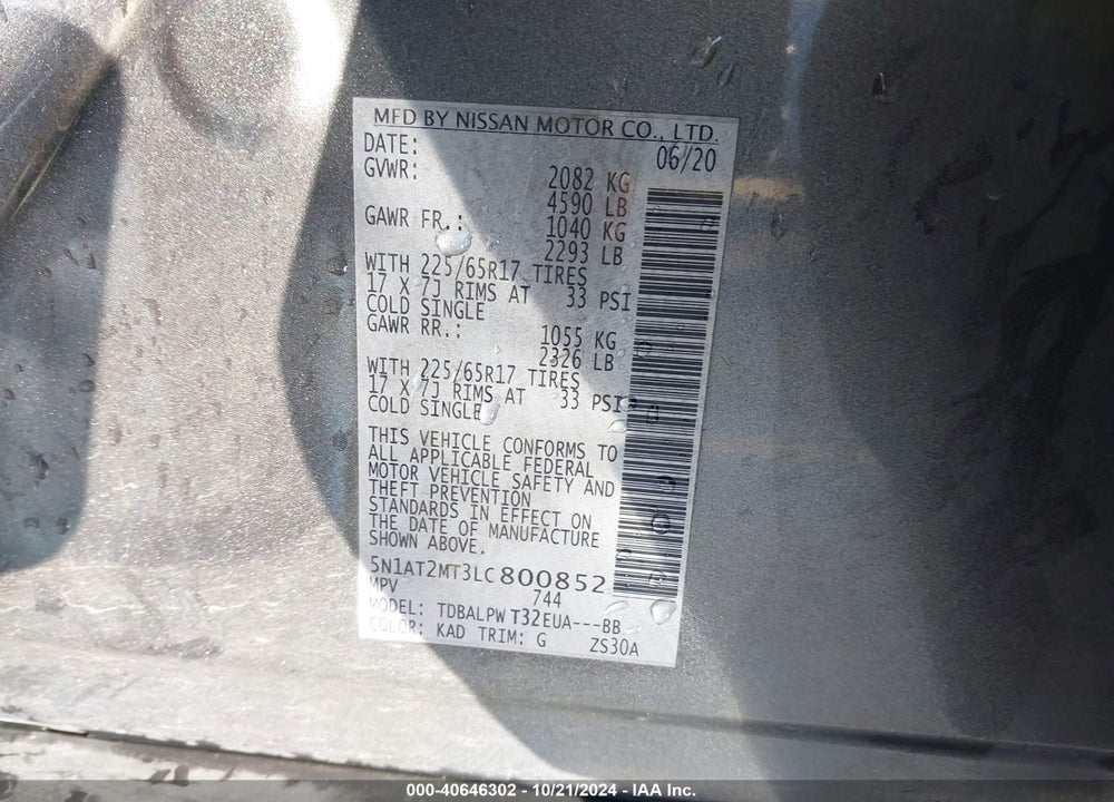 2020 NISSAN ROGUE S FWD VIN: 5N1AT2MT3LC800852