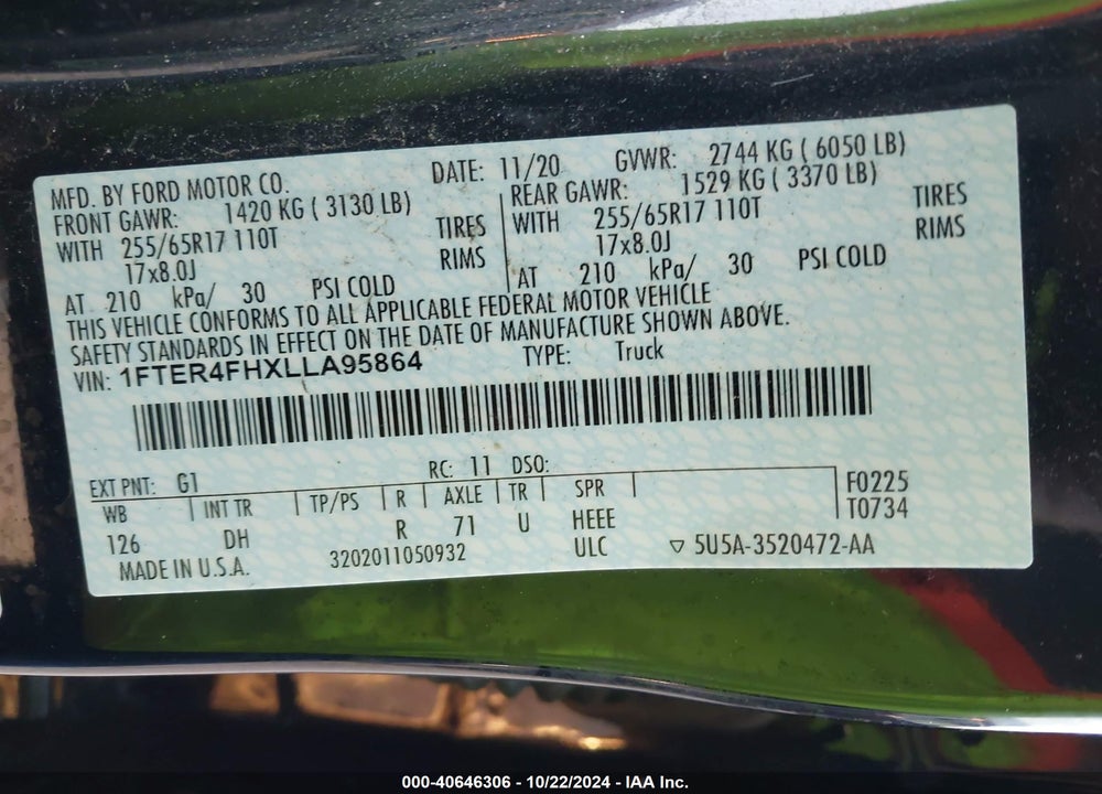 2020 FORD RANGER VIN: 1FTER4FHXLLA95864