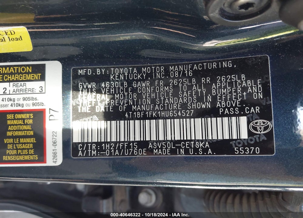 2017 TOYOTA CAMRY SE VIN: 4T1BF1FK1HU654527