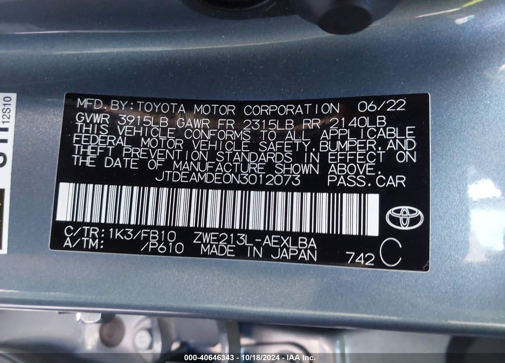 2022 TOYOTA COROLLA HYBRID LE VIN: JTDEAMDE0N3012073