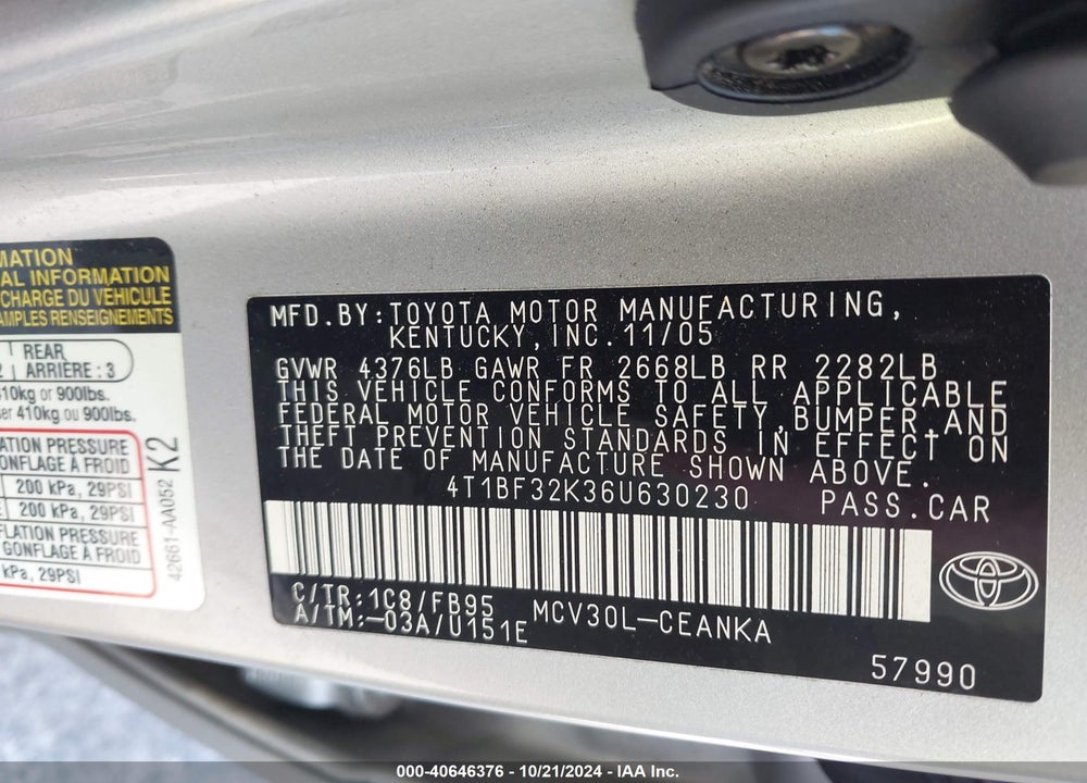2006 TOYOTA CAMRY LE V6 VIN: 4T1BF32K36U630230