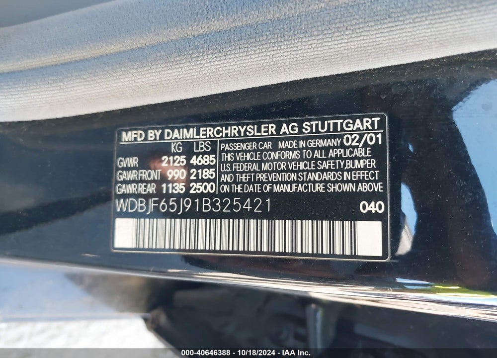 2001 MERCEDES-BENZ E 320 VIN: WDBJF65J91B325421