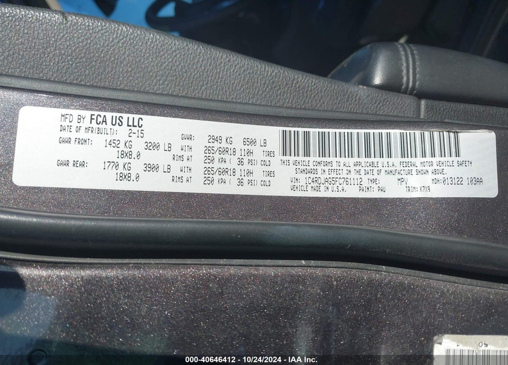 2015 DODGE DURANGO SXT VIN: 1C4RDJAG5FC761112