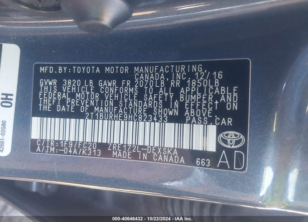 2017 TOYOTA COROLLA SE VIN: 2T1BURHE9HC823433