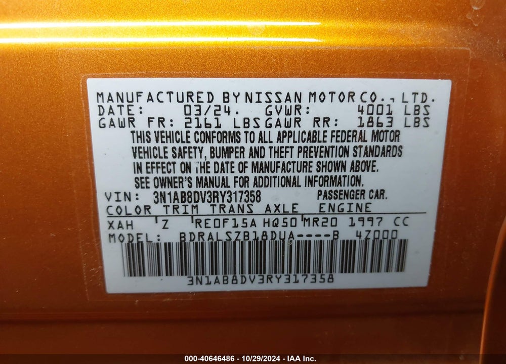 2024 NISSAN SENTRA SR XTRONIC CVT VIN: 3N1AB8DV3RY317358