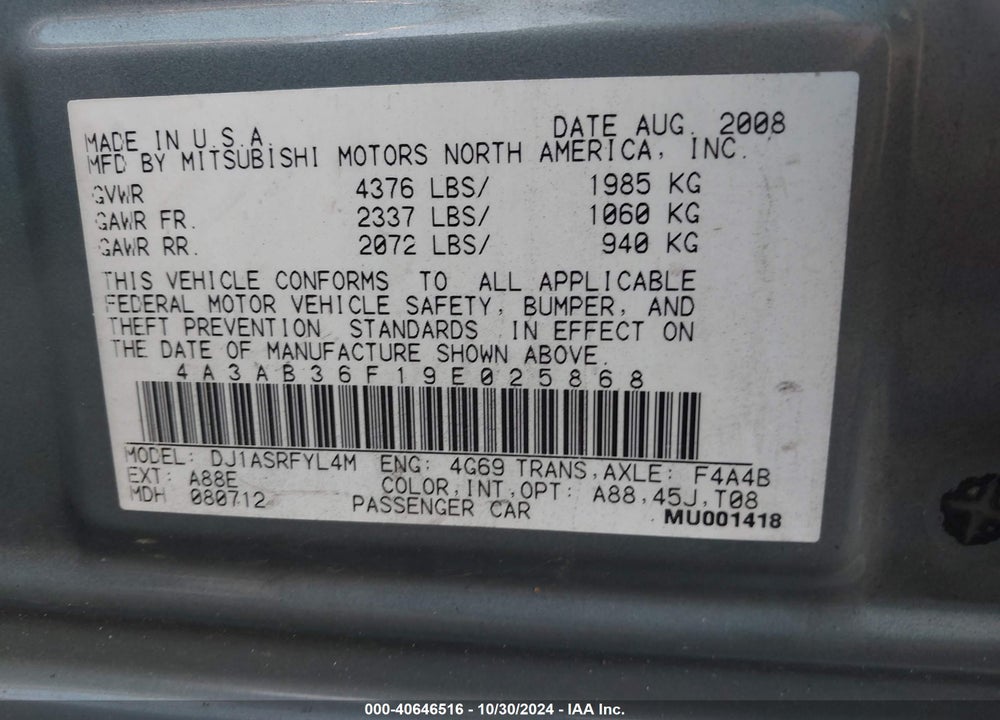 2009 MITSUBISHI GALANT ES/SPORT EDITION VIN: 4A3AB36F19E025868