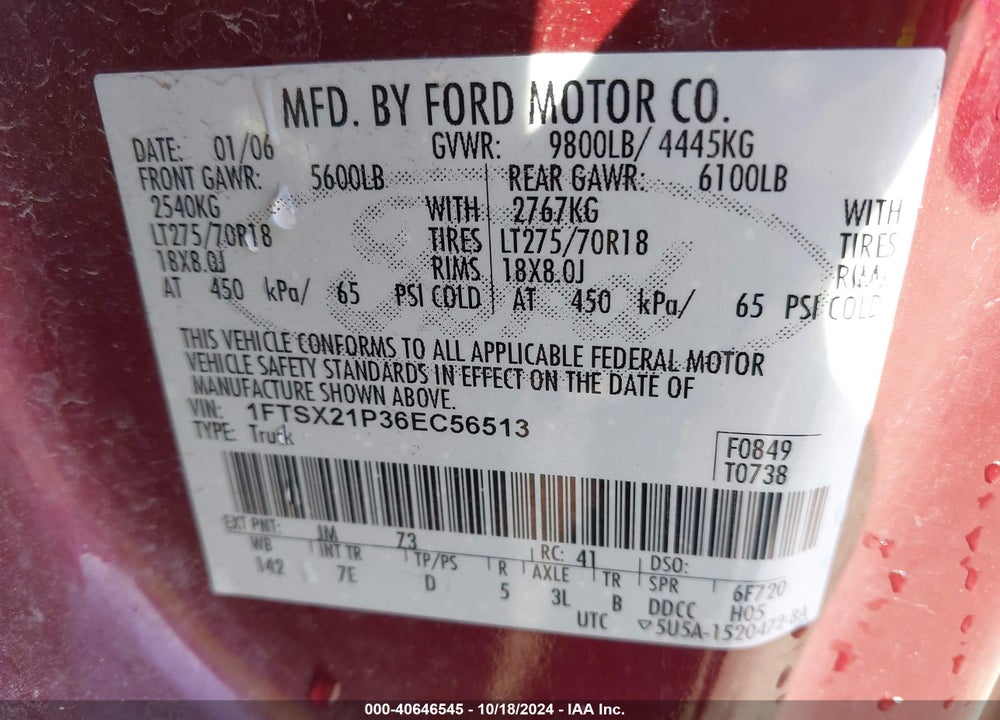 2006 FORD F-250 LARIAT/XL/XLT VIN: 1FTSX21P36EC56513