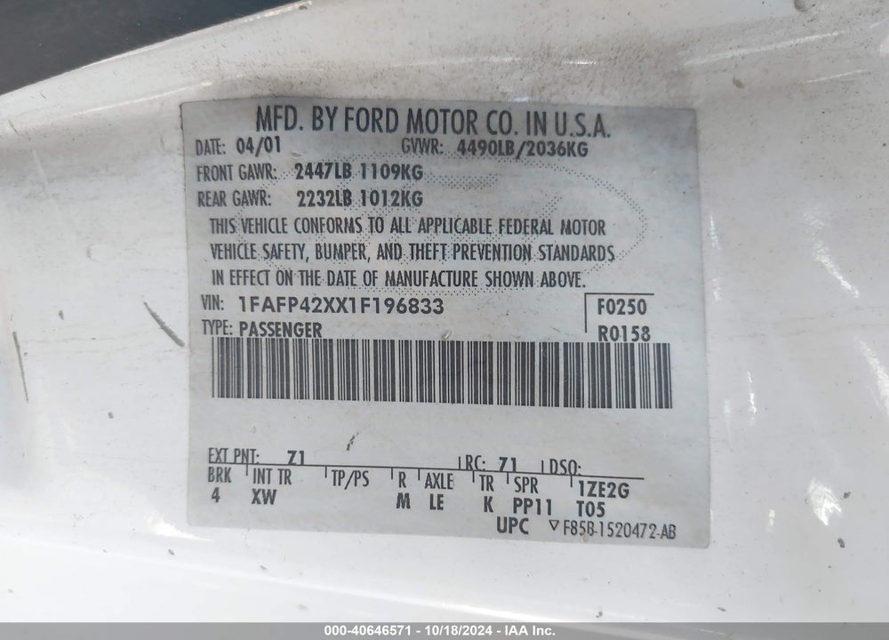 2001 FORD MUSTANG GT VIN: 1FAFP42XX1F196833