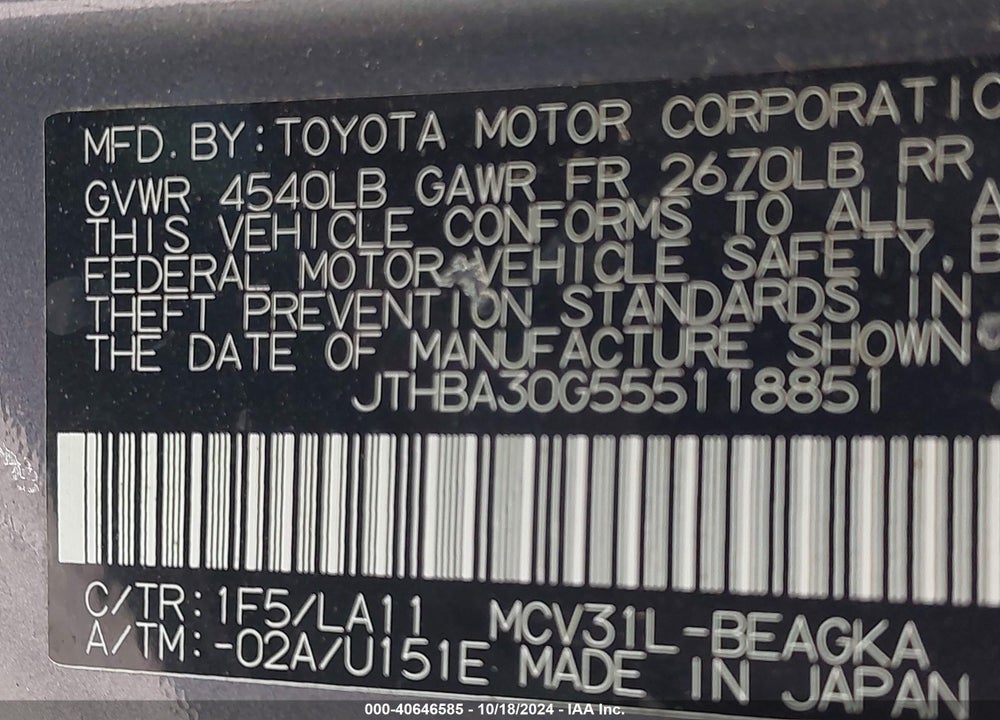 2005 LEXUS ES 330 VIN: JTHBA30G555118851