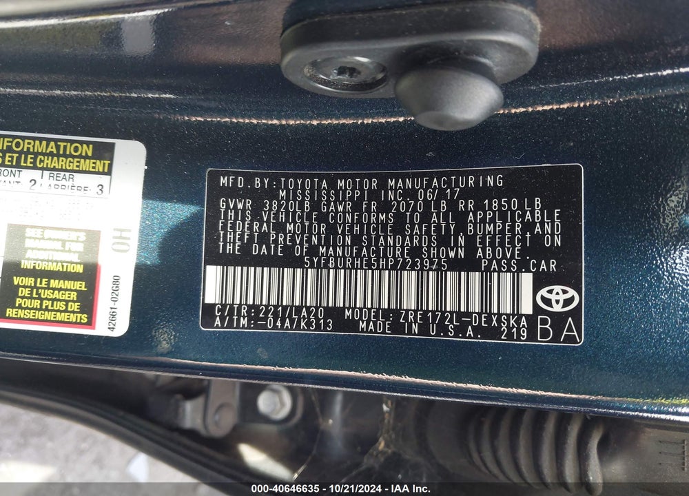 2017 TOYOTA COROLLA XSE VIN: 5YFBURHE5HP723975