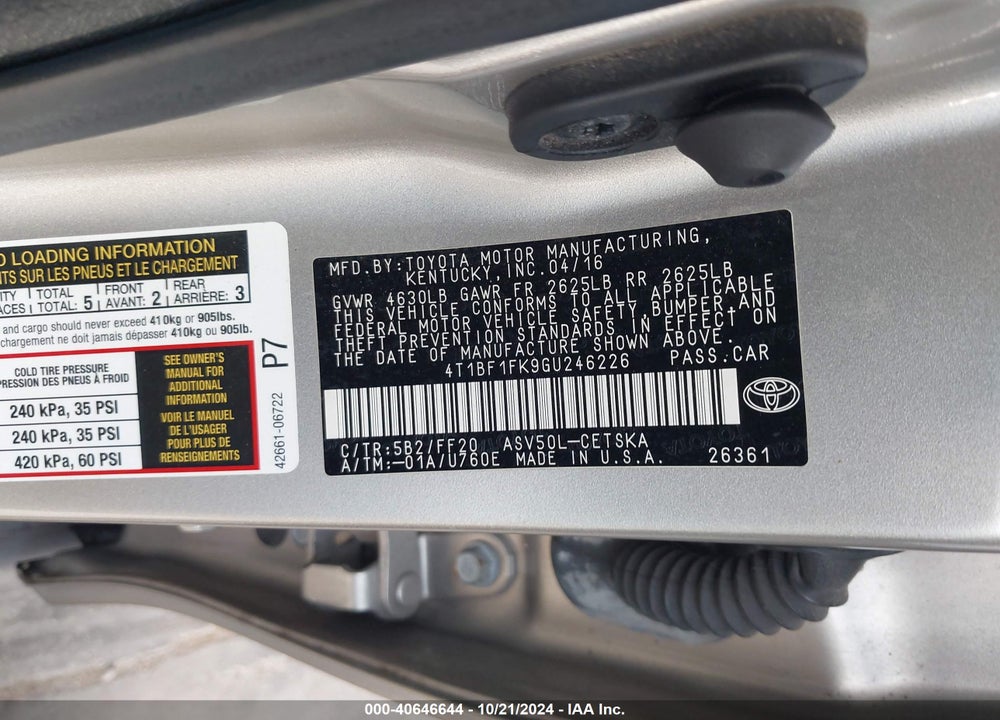 2016 TOYOTA CAMRY SE VIN: 4T1BF1FK9GU246226