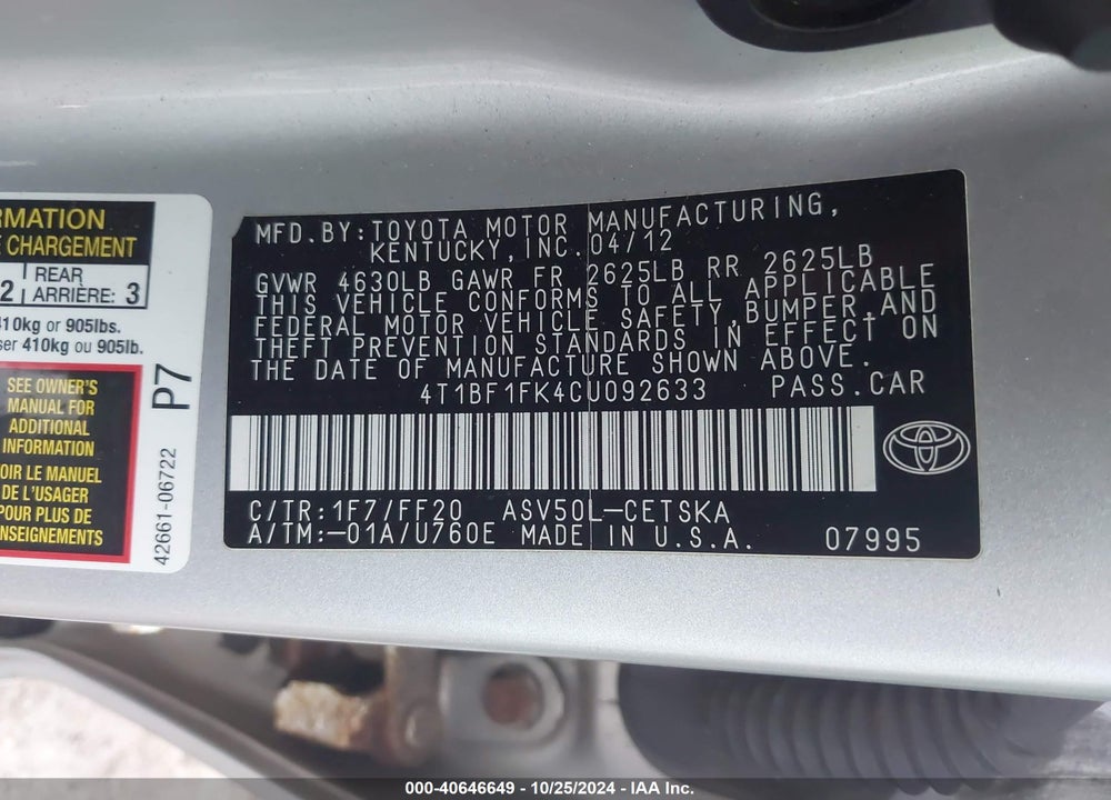 2012 TOYOTA CAMRY SE VIN: 4T1BF1FK4CU092633