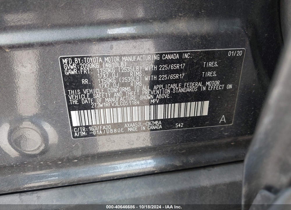 2020 TOYOTA RAV4 XLE VIN: 2T3W1RFV3LC051184